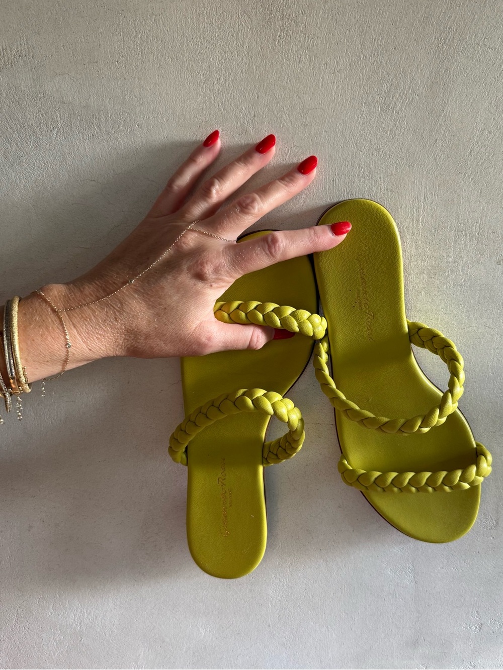 Gianvito Rossi Braided Double-Strap Slide Sandals in Chartreuse 7.5